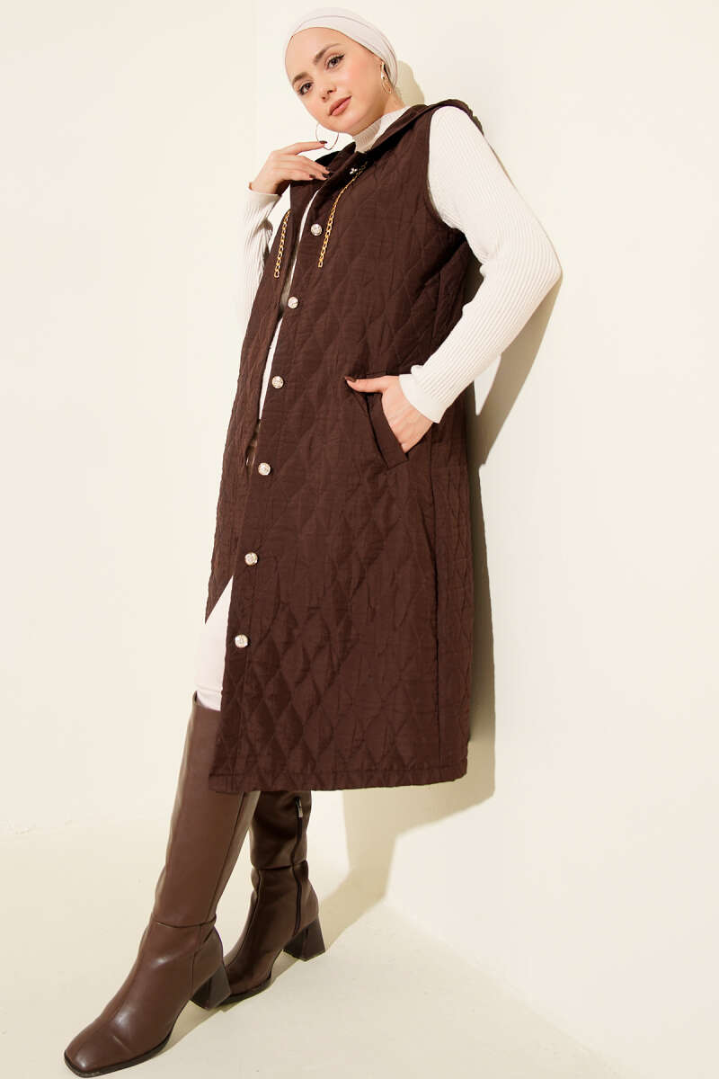 Hooded Button Quilted Vest - Brown