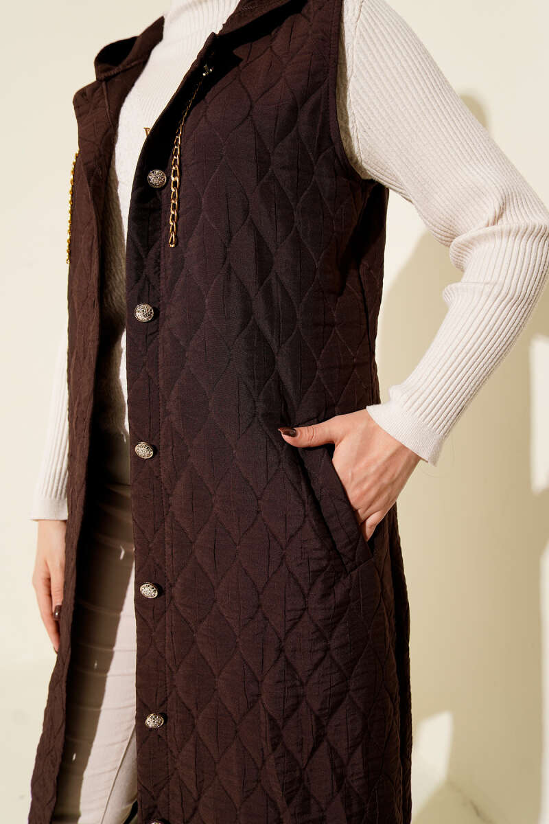 Hooded Button Quilted Vest - Brown