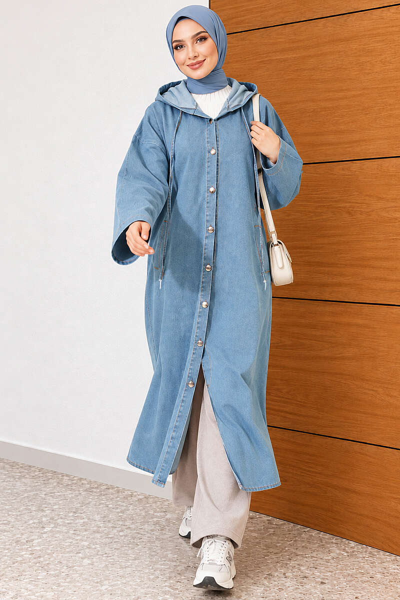 Long Hooded Button Denim Cape - Light Blue