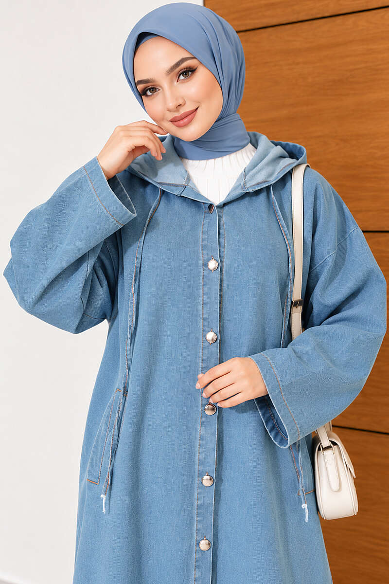 Long Hooded Button Denim Cape - Light Blue