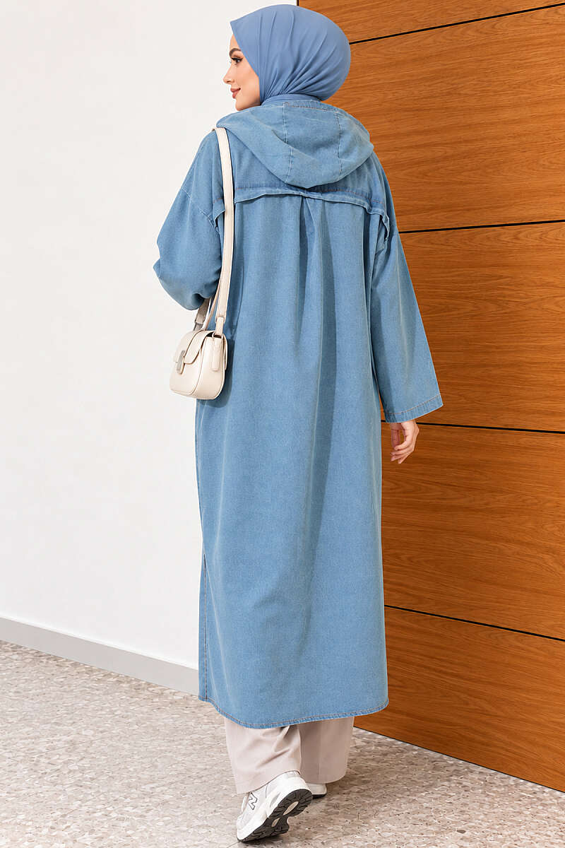 Long Hooded Button Denim Cape - Light Blue