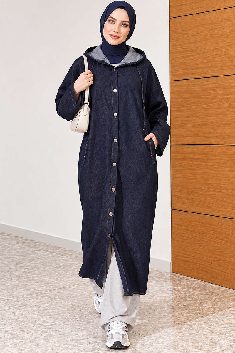 Long Hooded Button Denim Cape - Navy