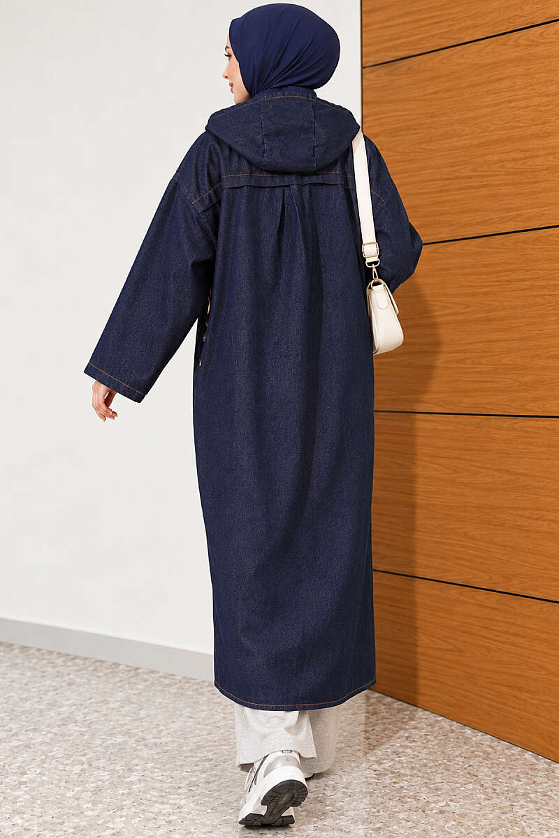 Long Hooded Button Denim Cape - Navy