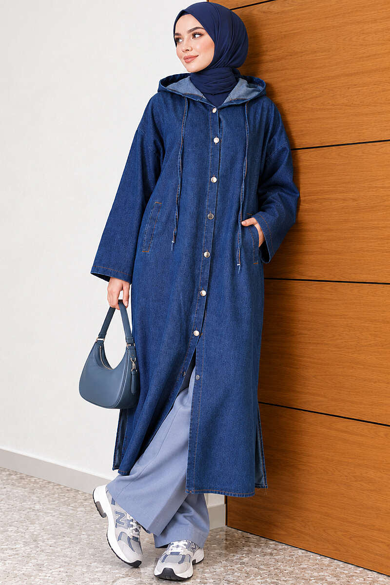 Long Hooded Button Denim Cape - Blue
