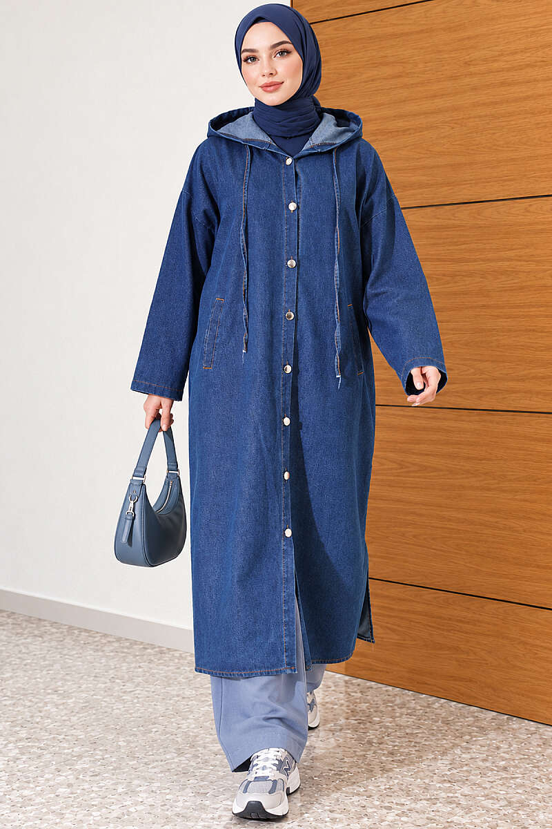 Long Hooded Button Denim Cape - Blue