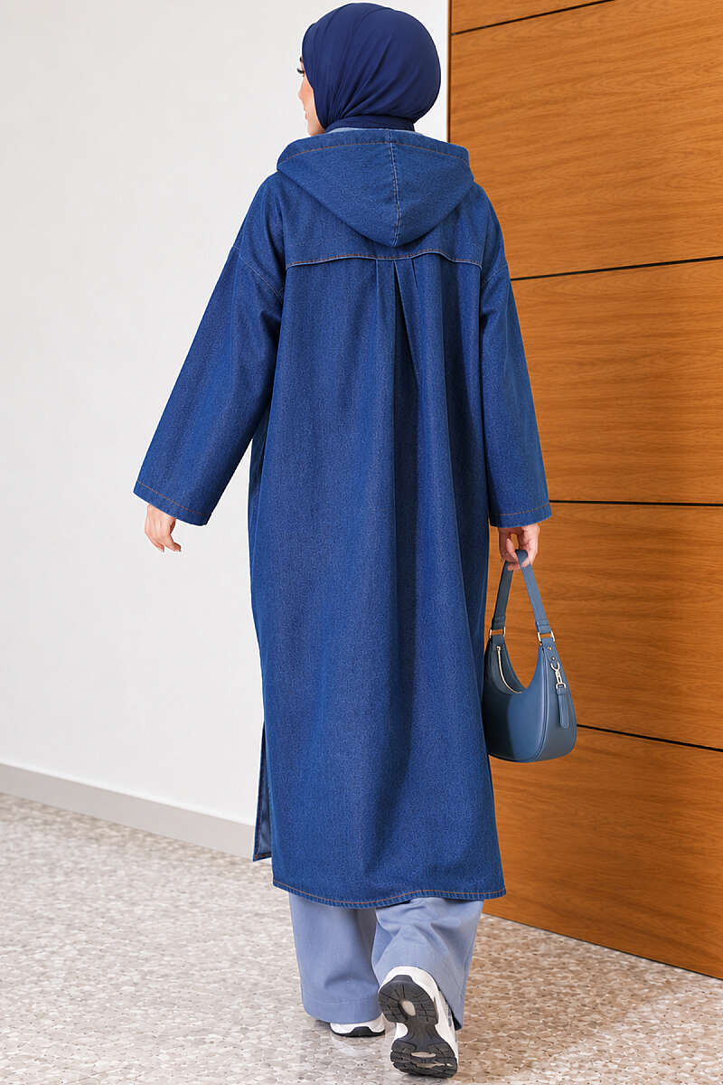 Long Hooded Button Denim Cape - Blue