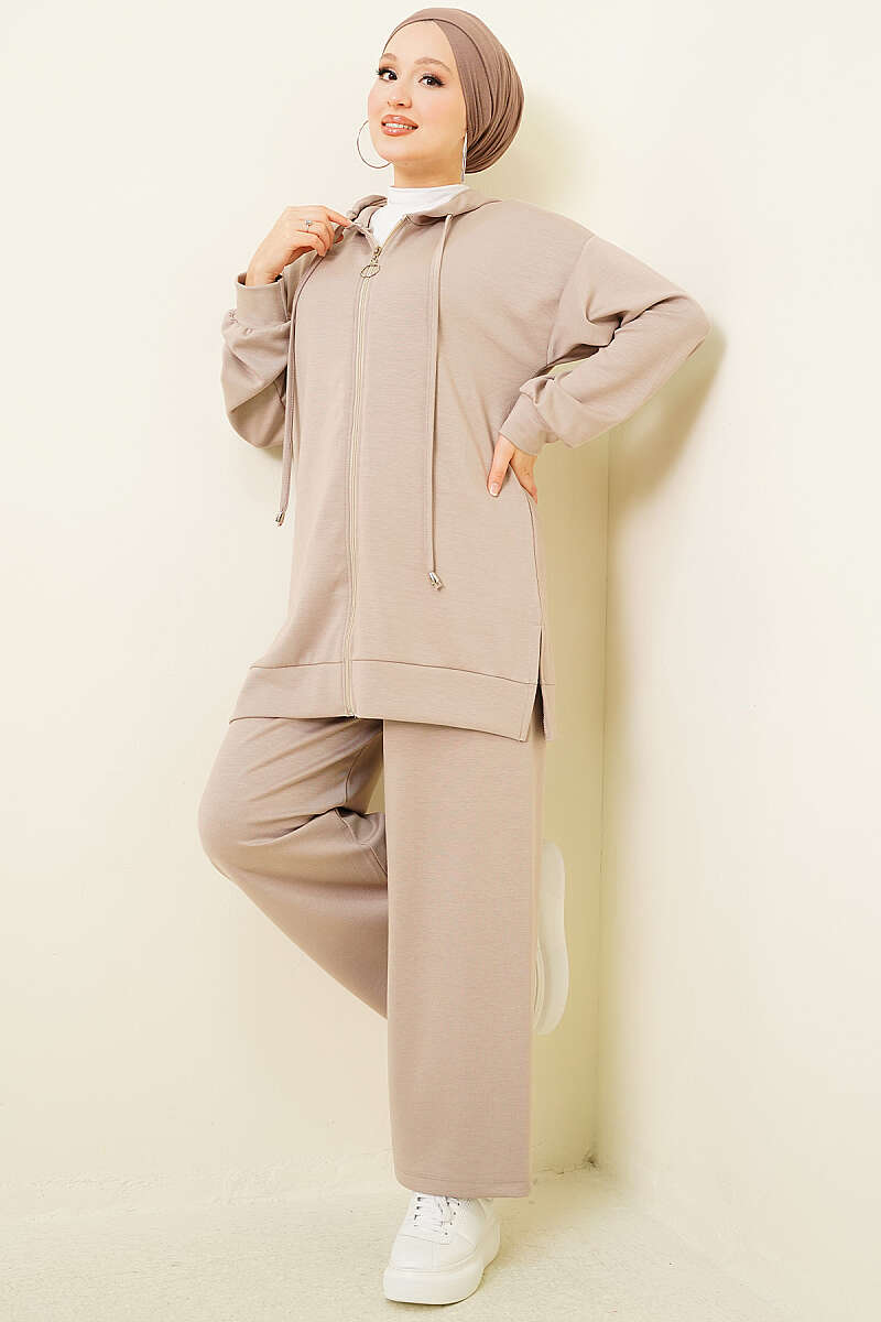 Hooded Drop-Shoulder Loycha Set - Beige
