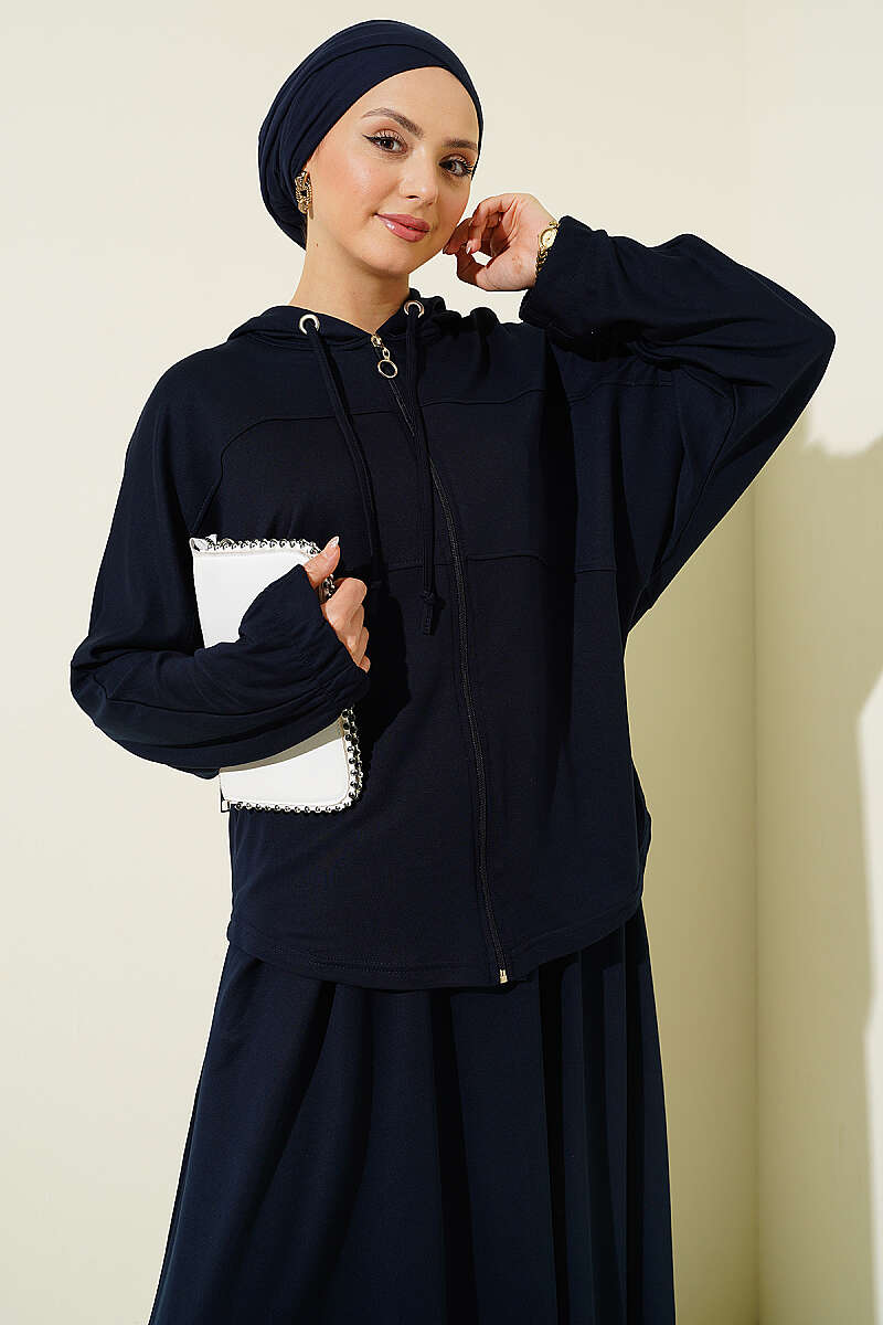 Hooded Skirt Two-Piece Set - Navy