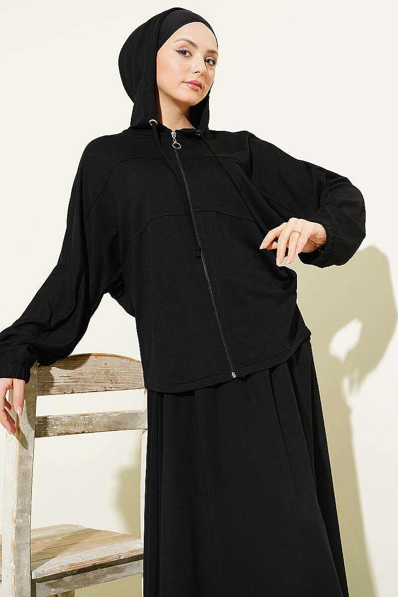 Hooded Skirt Two-Piece Set - Black
