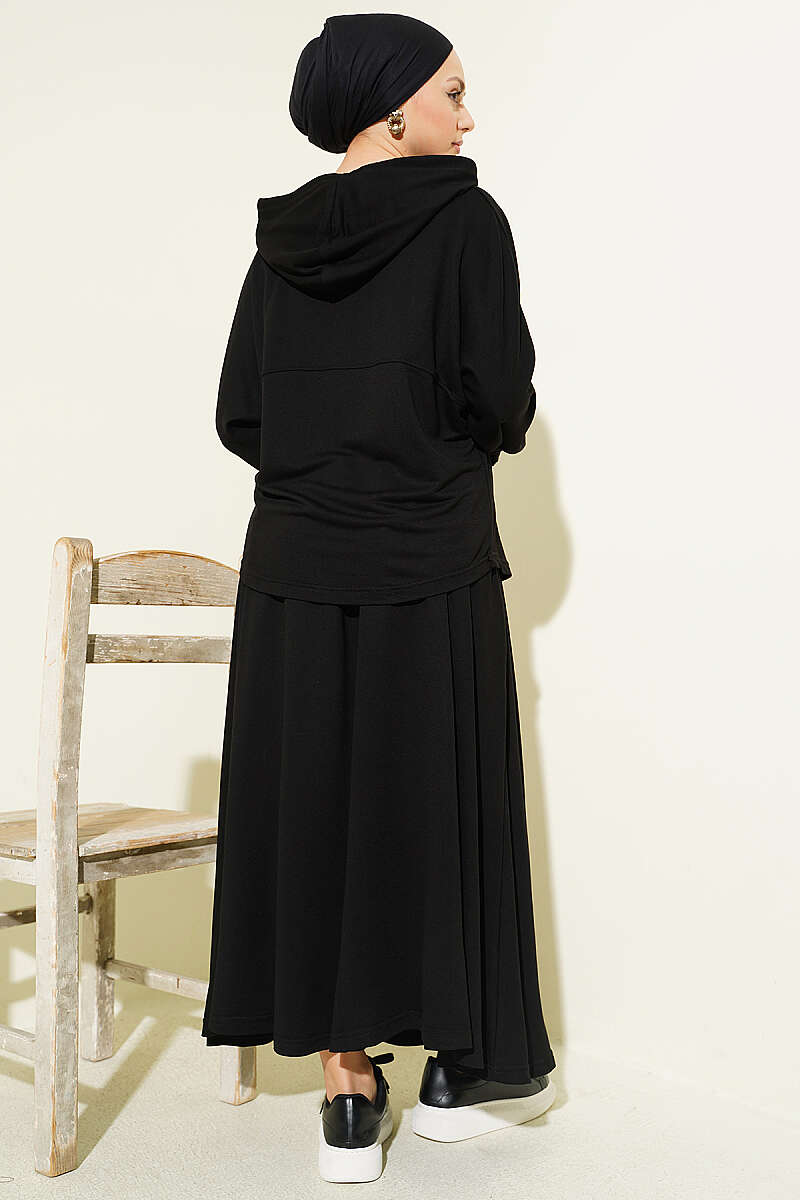 Hooded Skirt Two-Piece Set - Black