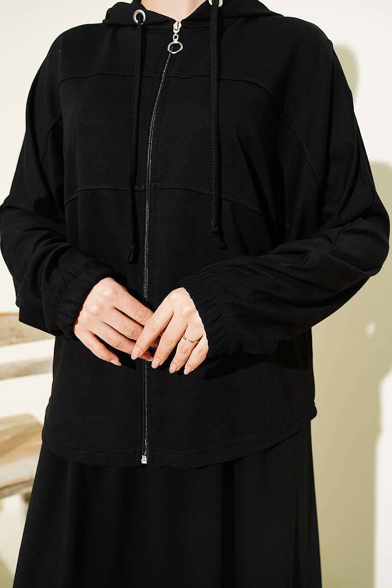 Hooded Skirt Two-Piece Set - Black
