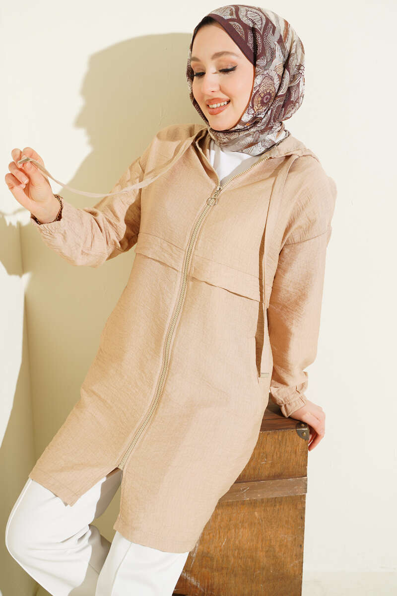 Mid-Length Hooded Cape Coat with Zip Detail - Beige