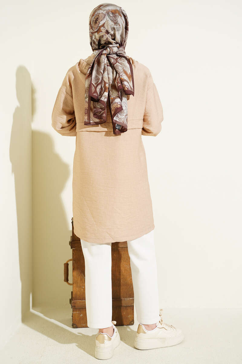 Mid-Length Hooded Cape Coat with Zip Detail - Beige