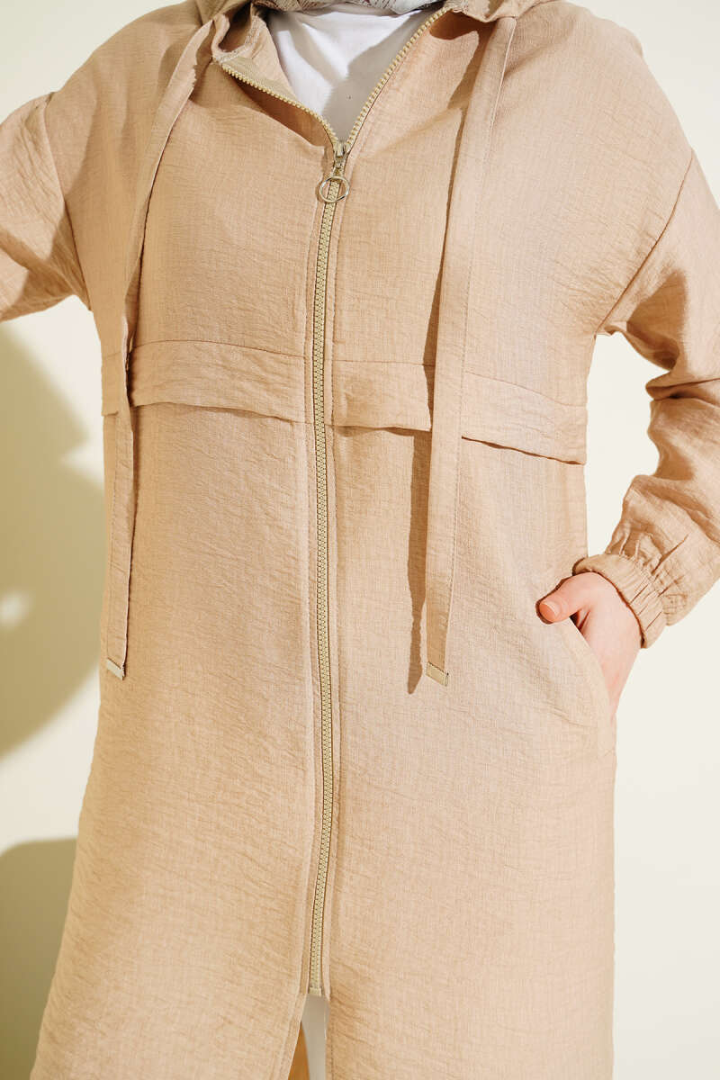 Mid-Length Hooded Cape Coat with Zip Detail - Beige