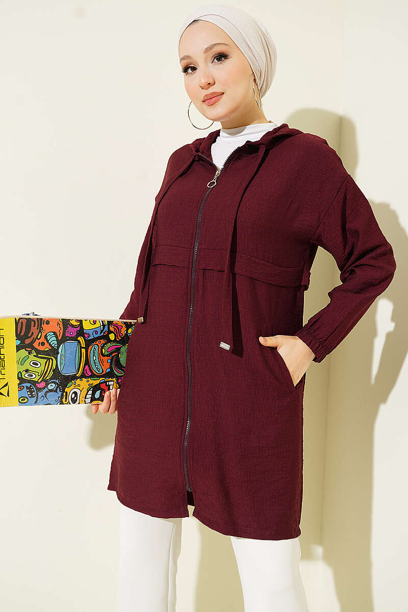 Mid-Length Hooded Cape Coat with Zip Detail - Burgundy