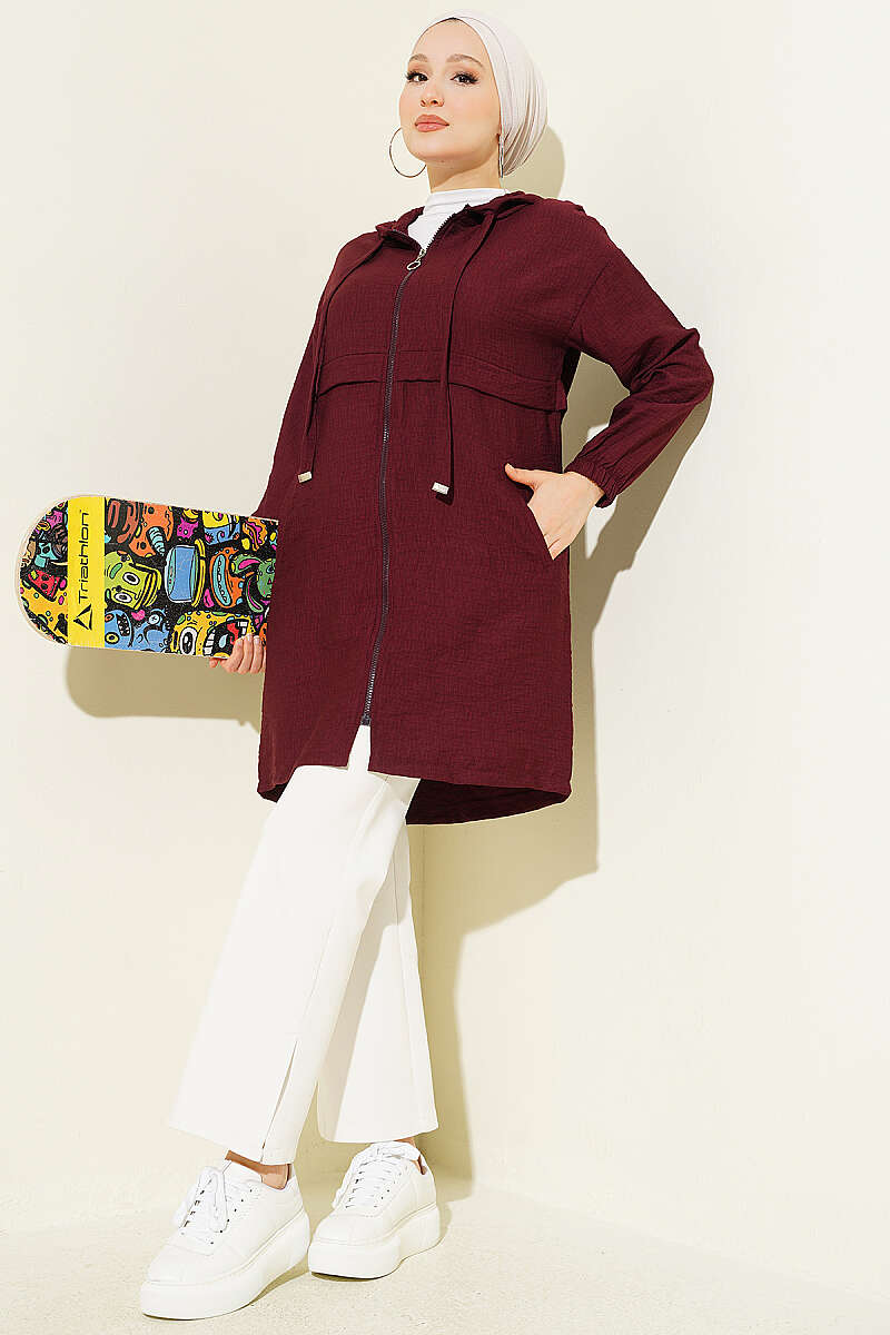 Mid-Length Hooded Cape Coat with Zip Detail - Burgundy