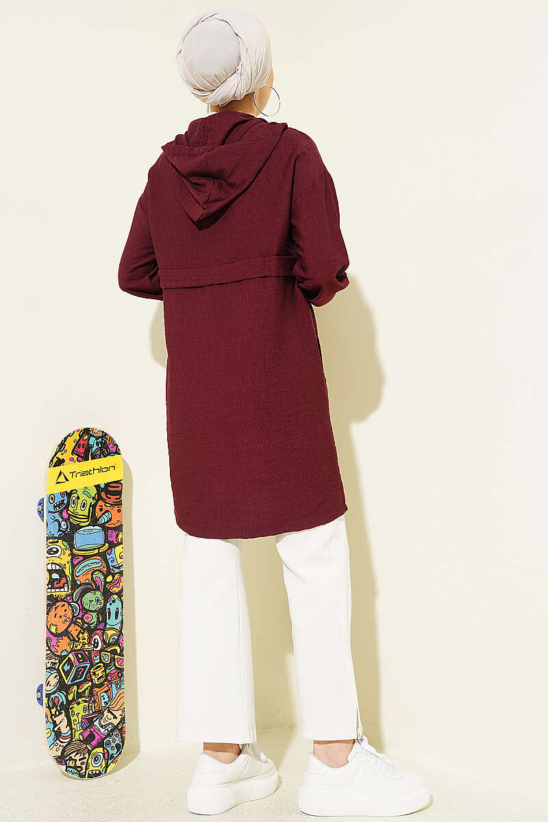 Mid-Length Hooded Cape Coat with Zip Detail - Burgundy