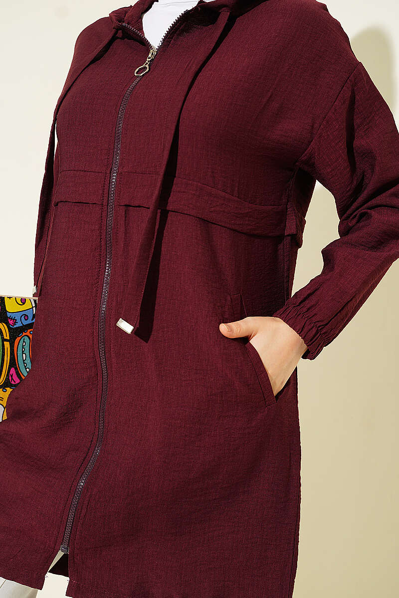 Mid-Length Hooded Cape Coat with Zip Detail - Burgundy
