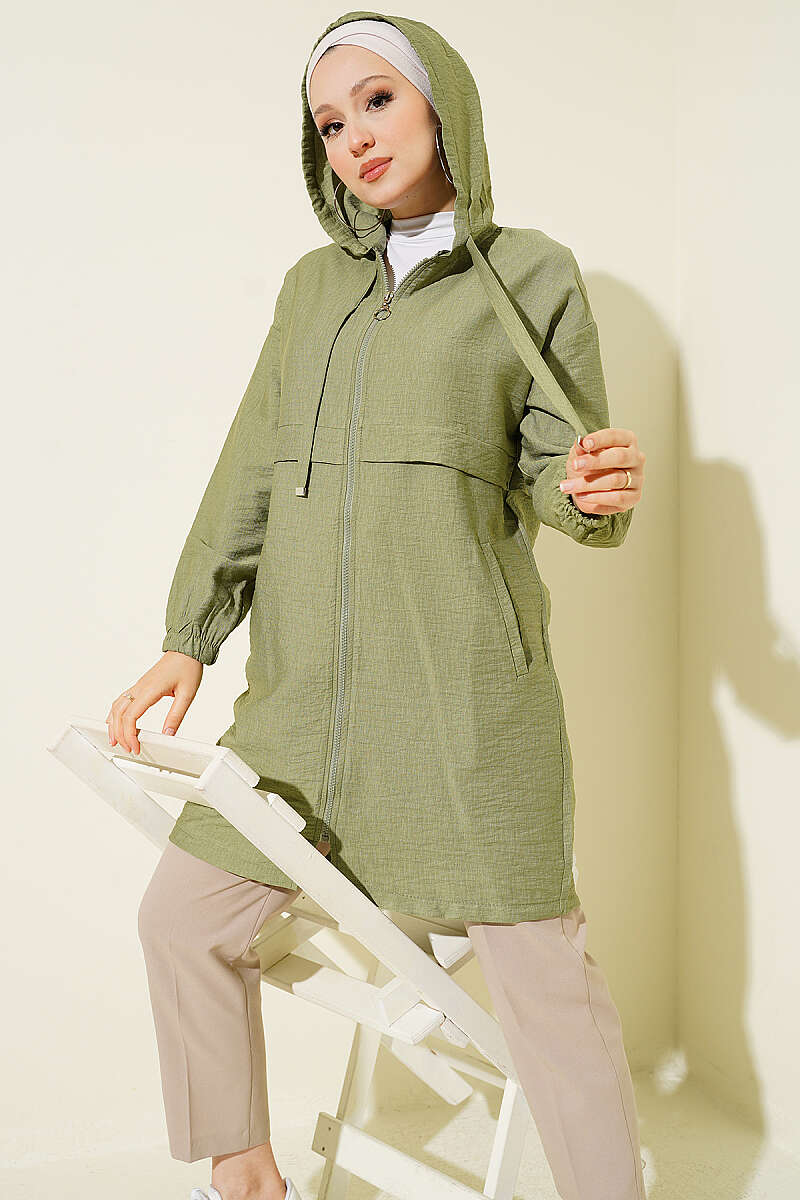 Mid-Length Hooded Cape Coat with Zip Detail - Almond Green
