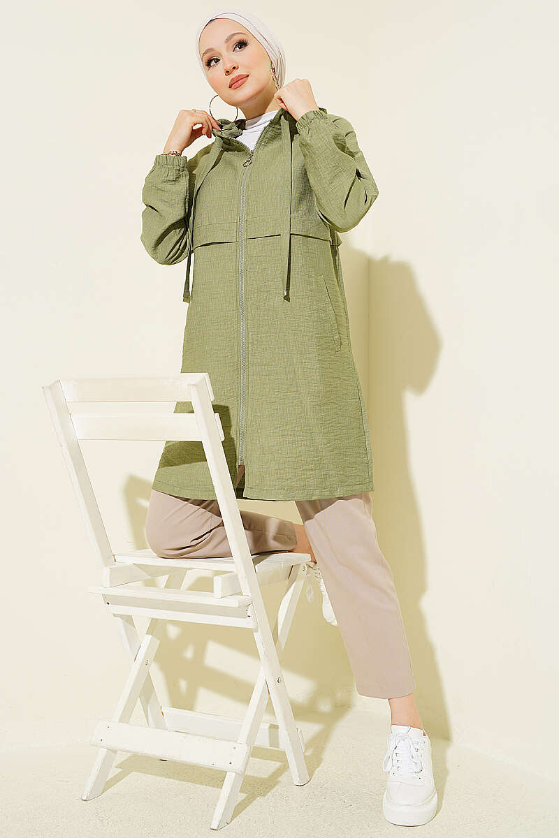 Mid-Length Hooded Cape Coat with Zip Detail - Almond Green