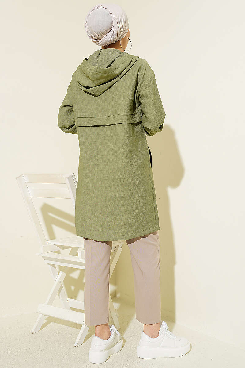 Mid-Length Hooded Cape Coat with Zip Detail - Almond Green