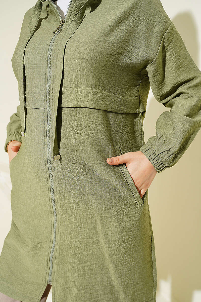 Mid-Length Hooded Cape Coat with Zip Detail - Almond Green