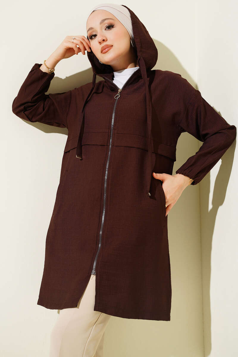 Mid-Length Hooded Cape Coat with Zip Detail - Brown