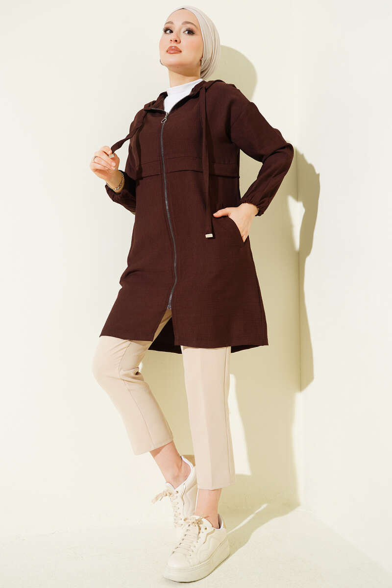 Mid-Length Hooded Cape Coat with Zip Detail - Brown