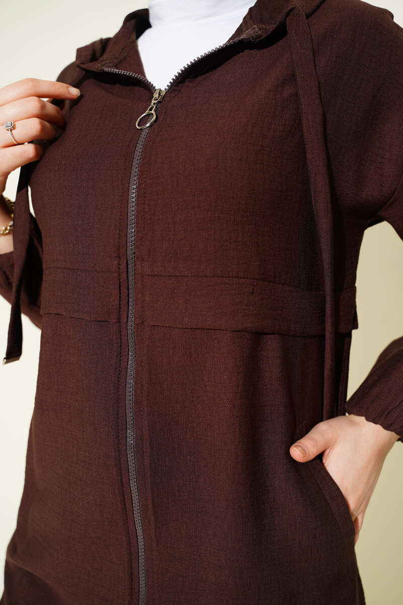Mid-Length Hooded Cape Coat with Zip Detail - Brown