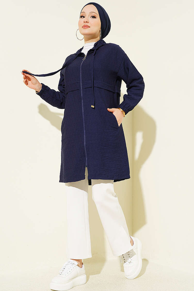 Mid-Length Hooded Cape Coat with Zip Detail - Dark Navy