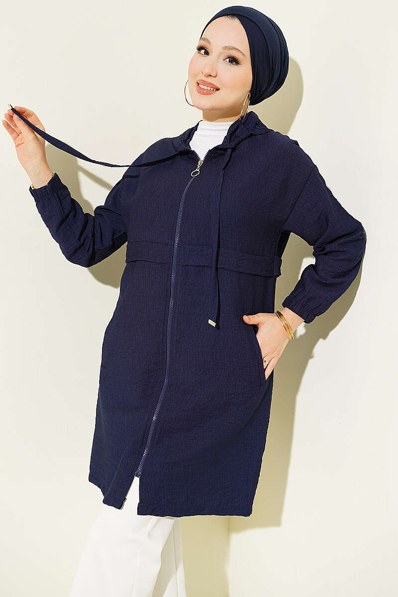 Mid-Length Hooded Cape Coat with Zip Detail - Dark Navy