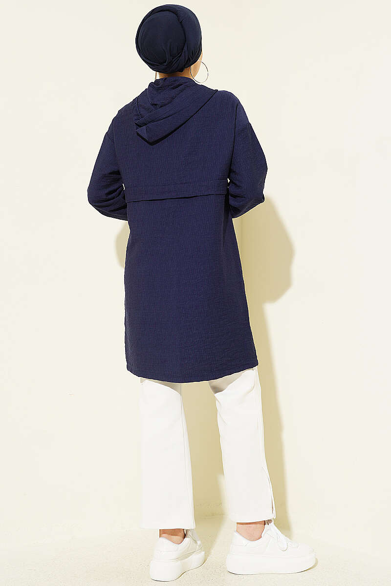 Mid-Length Hooded Cape Coat with Zip Detail - Dark Navy