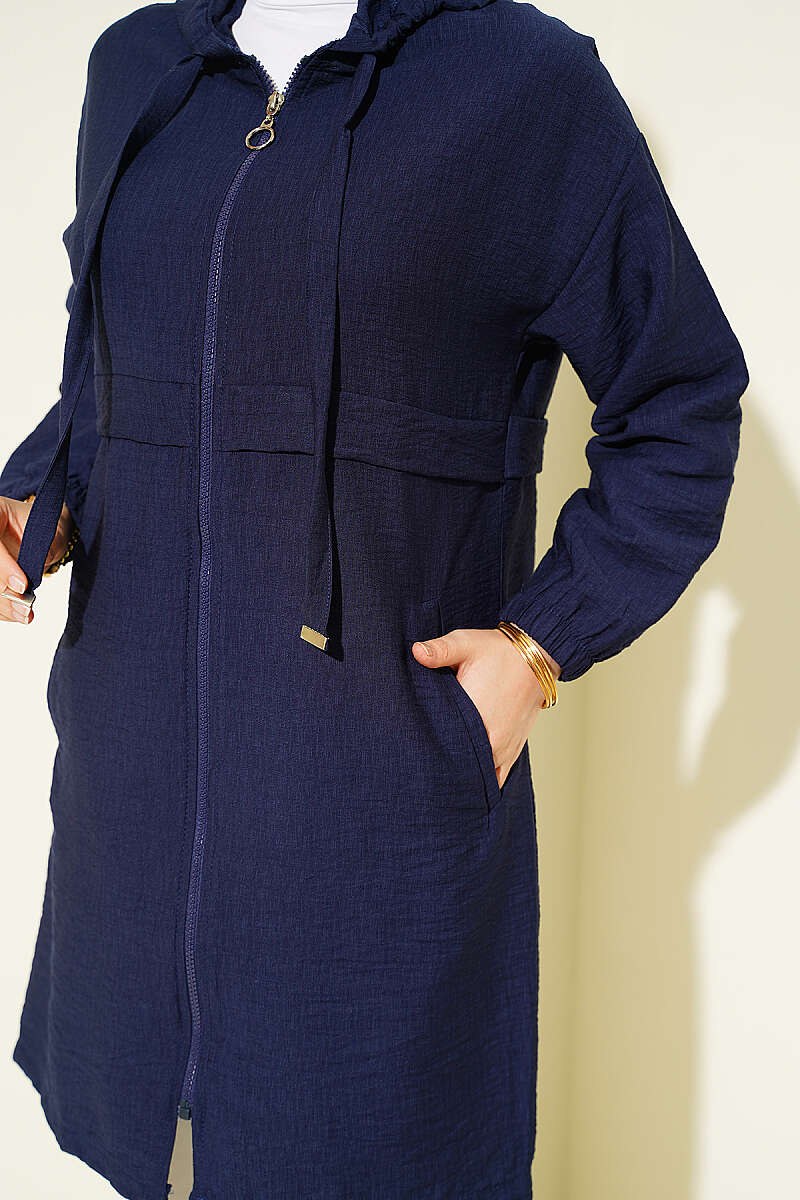Mid-Length Hooded Cape Coat with Zip Detail - Dark Navy