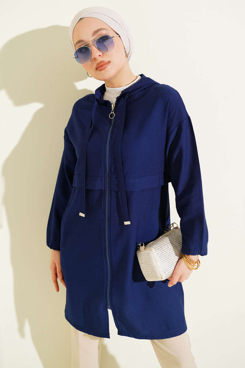 Mid-Length Hooded Cape Coat with Zip Detail - Navy