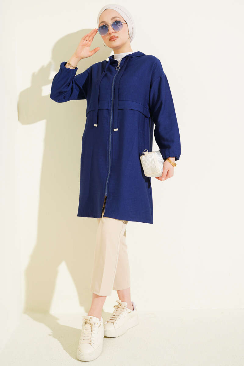 Mid-Length Hooded Cape Coat with Zip Detail - Navy