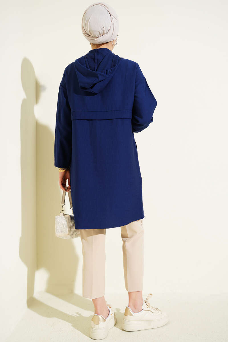 Mid-Length Hooded Cape Coat with Zip Detail - Navy