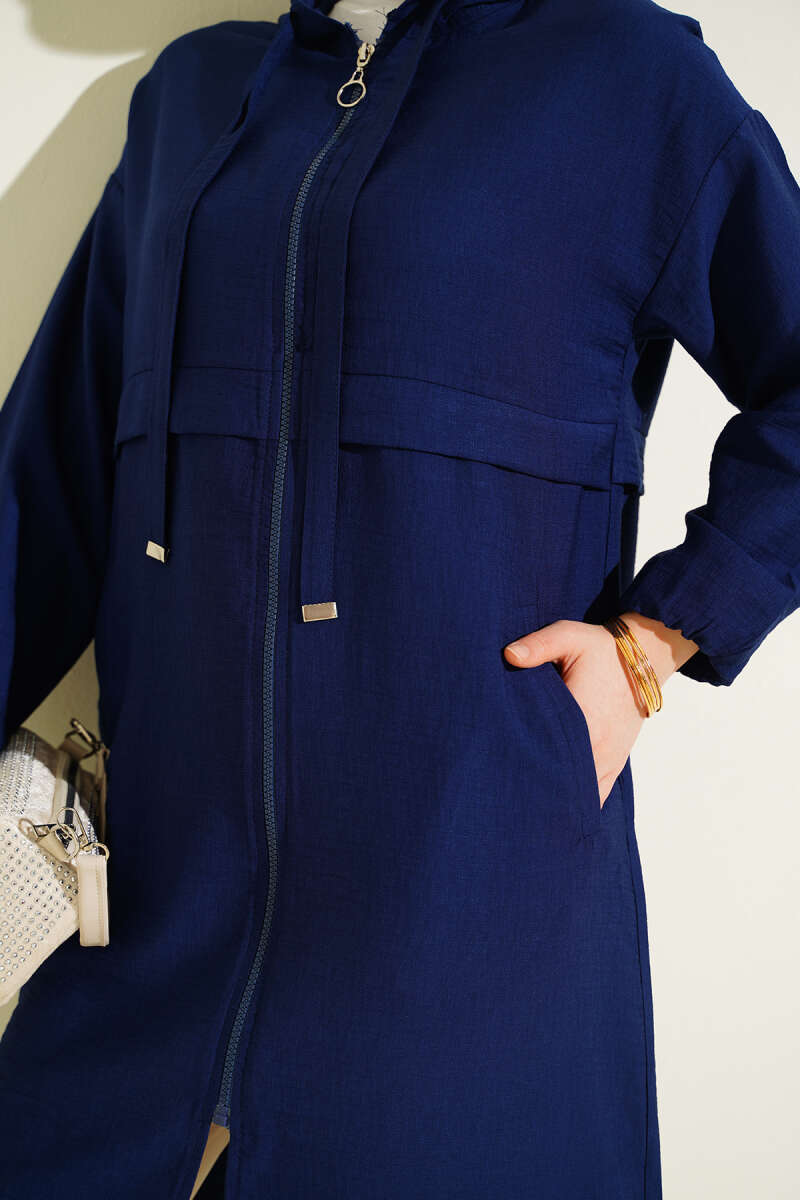 Mid-Length Hooded Cape Coat with Zip Detail - Navy