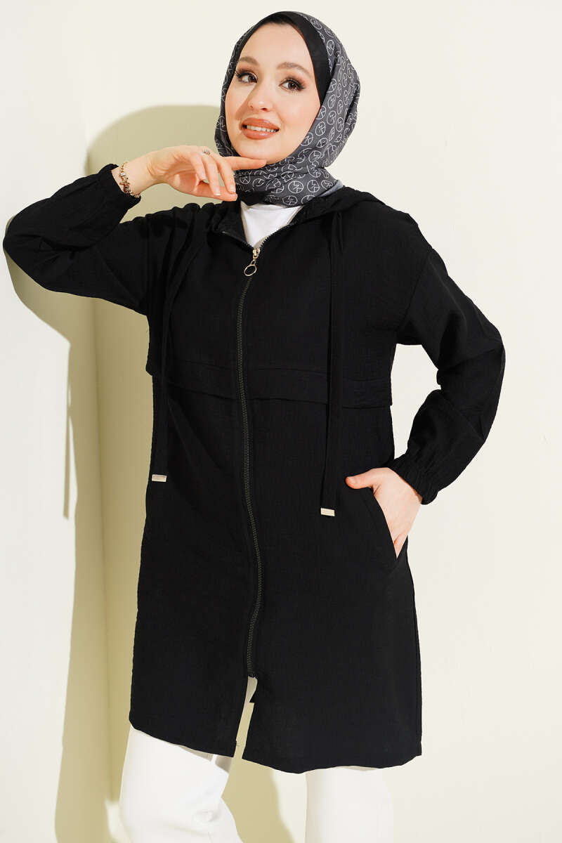 Mid-Length Hooded Cape Coat with Zip Detail - Black