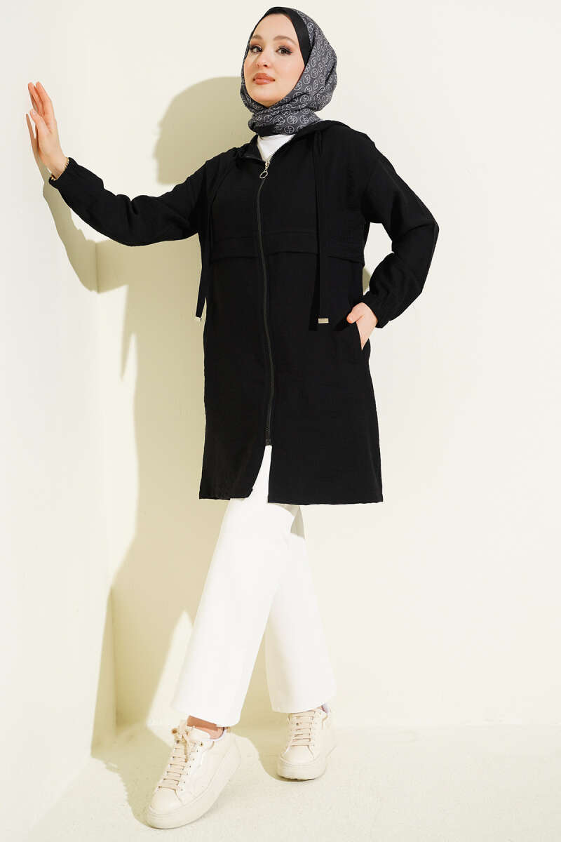Mid-Length Hooded Cape Coat with Zip Detail - Black