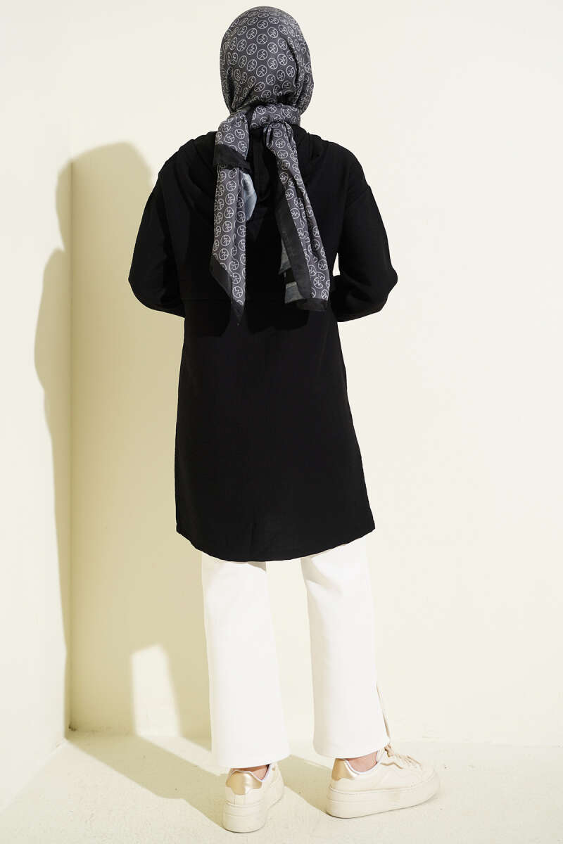 Mid-Length Hooded Cape Coat with Zip Detail - Black