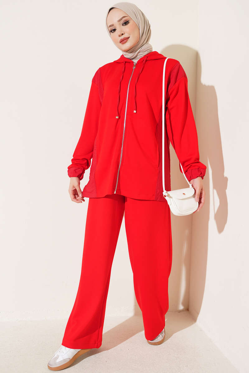 Hooded Zip-Detail Two-Piece Set - Red