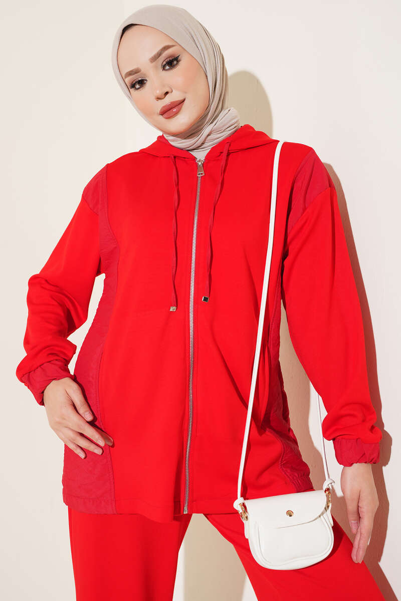 Hooded Zip-Detail Two-Piece Set - Red