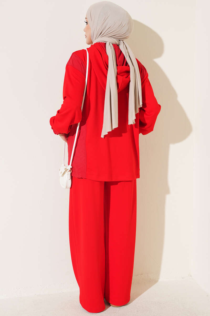 Hooded Zip-Detail Two-Piece Set - Red