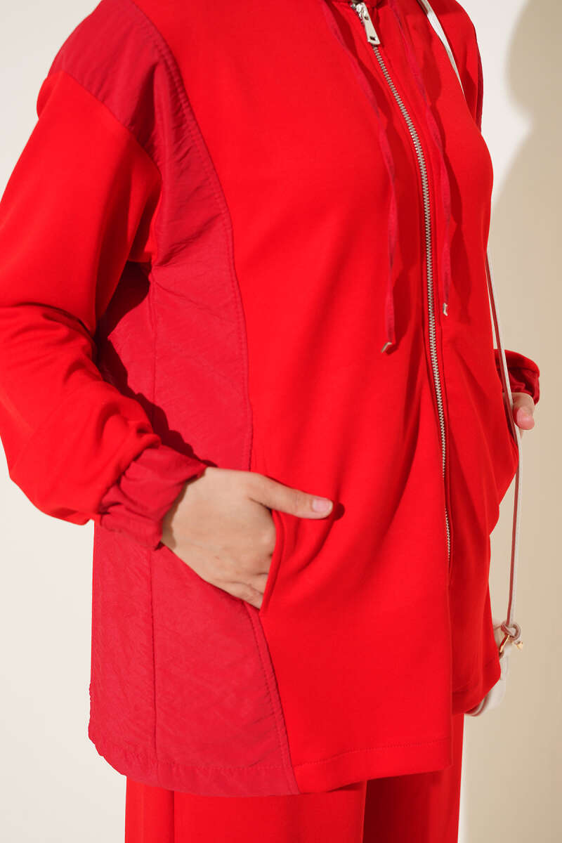 Hooded Zip-Detail Two-Piece Set - Red