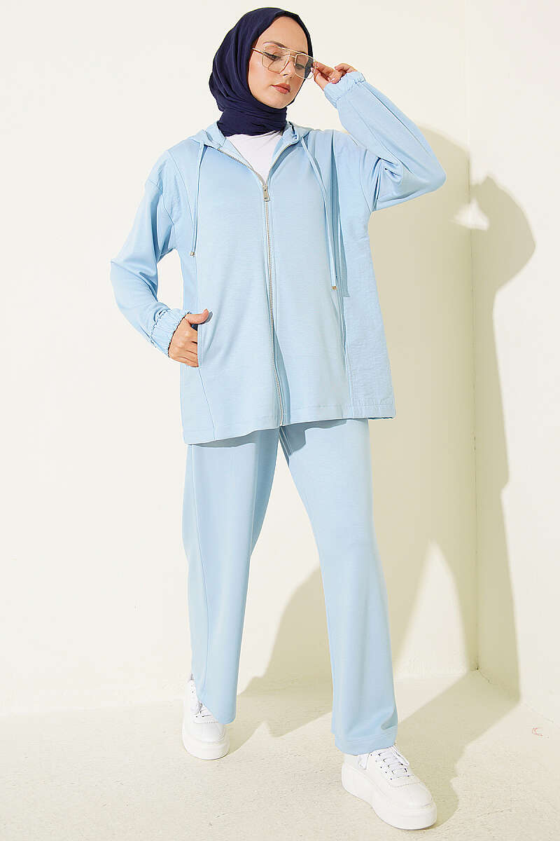 Hooded Zip-Detail Two-Piece Set - Blue