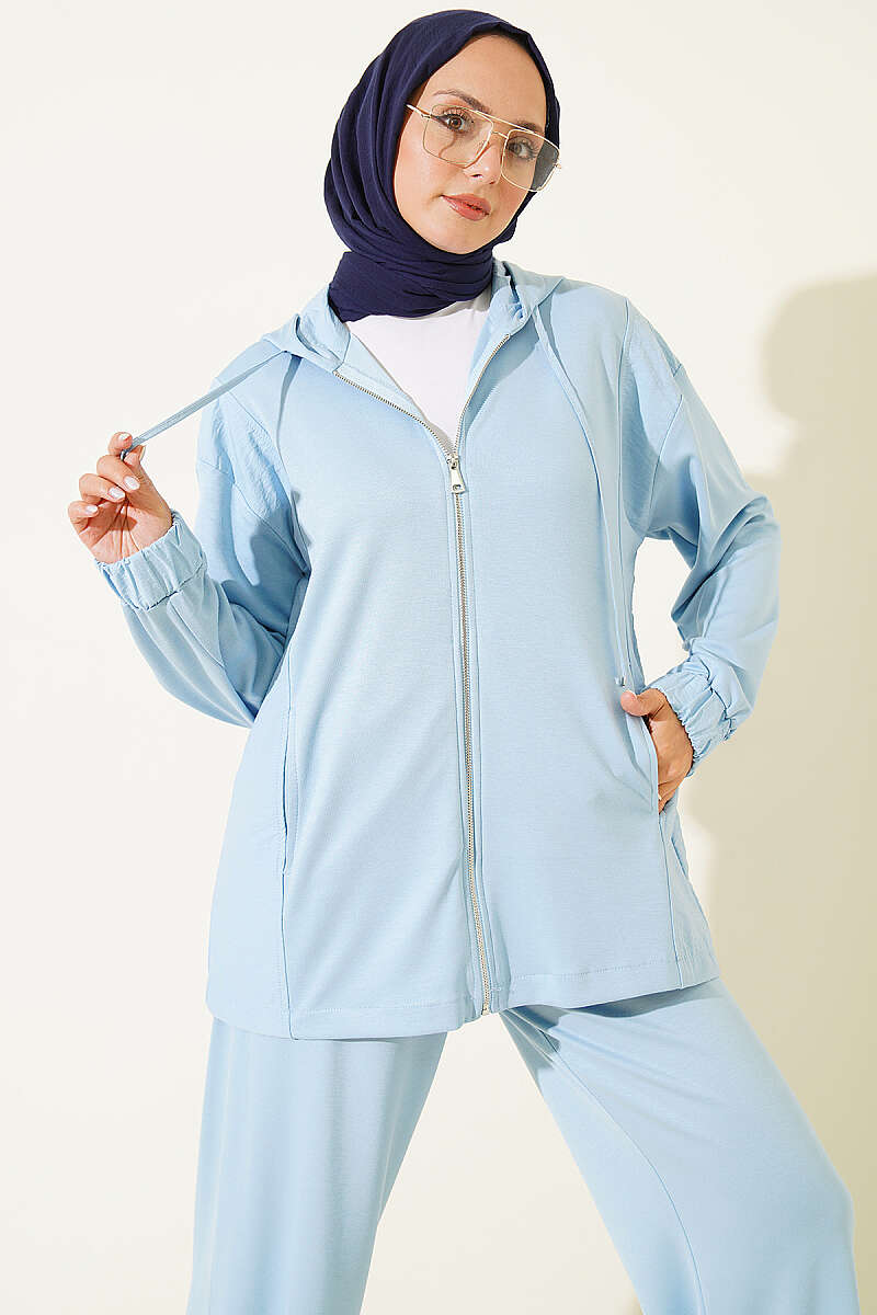 Hooded Zip-Detail Two-Piece Set - Blue