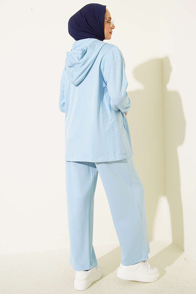 Hooded Zip-Detail Two-Piece Set - Blue