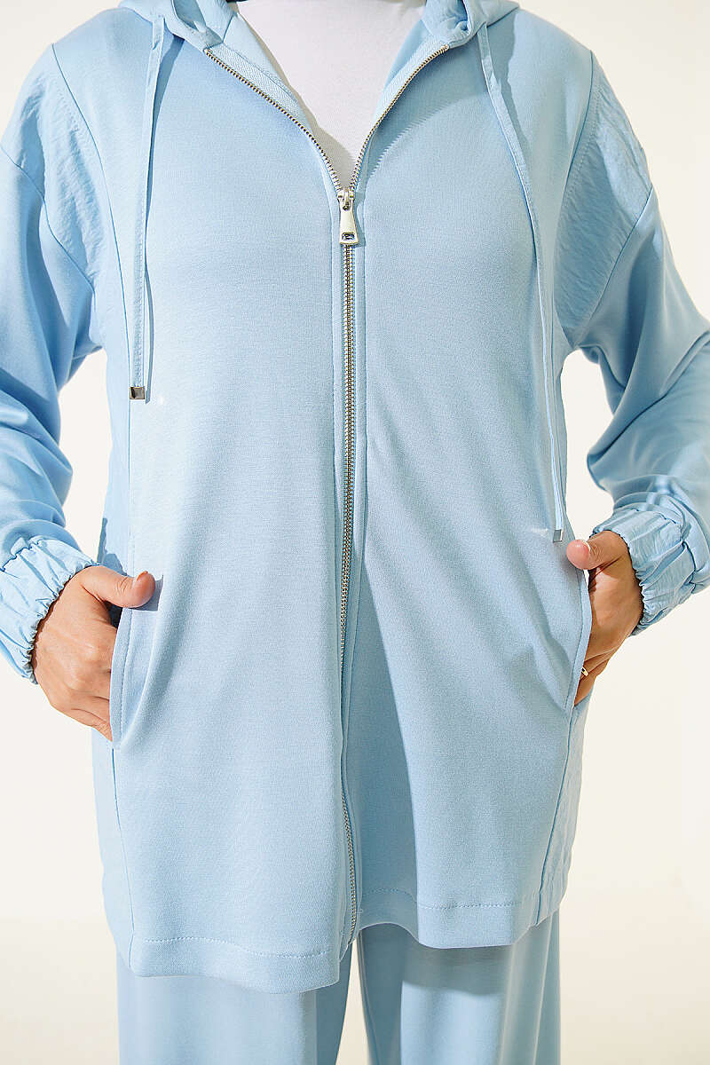 Hooded Zip-Detail Two-Piece Set - Blue