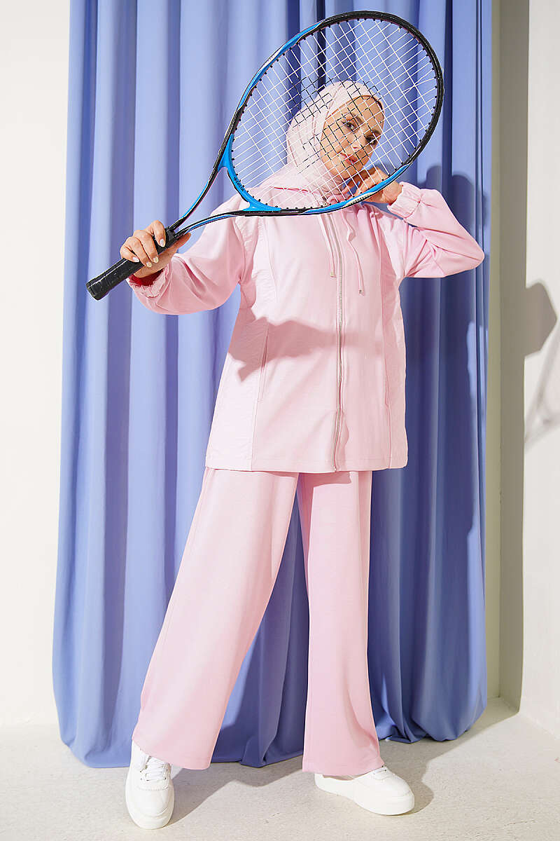 Hooded Zip-Detail Two-Piece Set - Pink