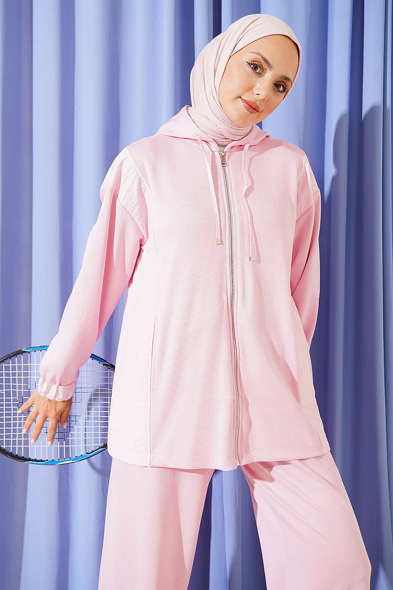 Hooded Zip-Detail Two-Piece Set - Pink